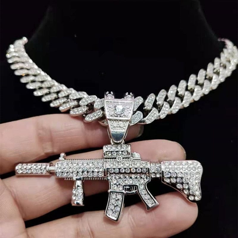 VVS Jewelry hip hop jewelry Fully Iced Submachine Gun Pendant Rapper Necklace