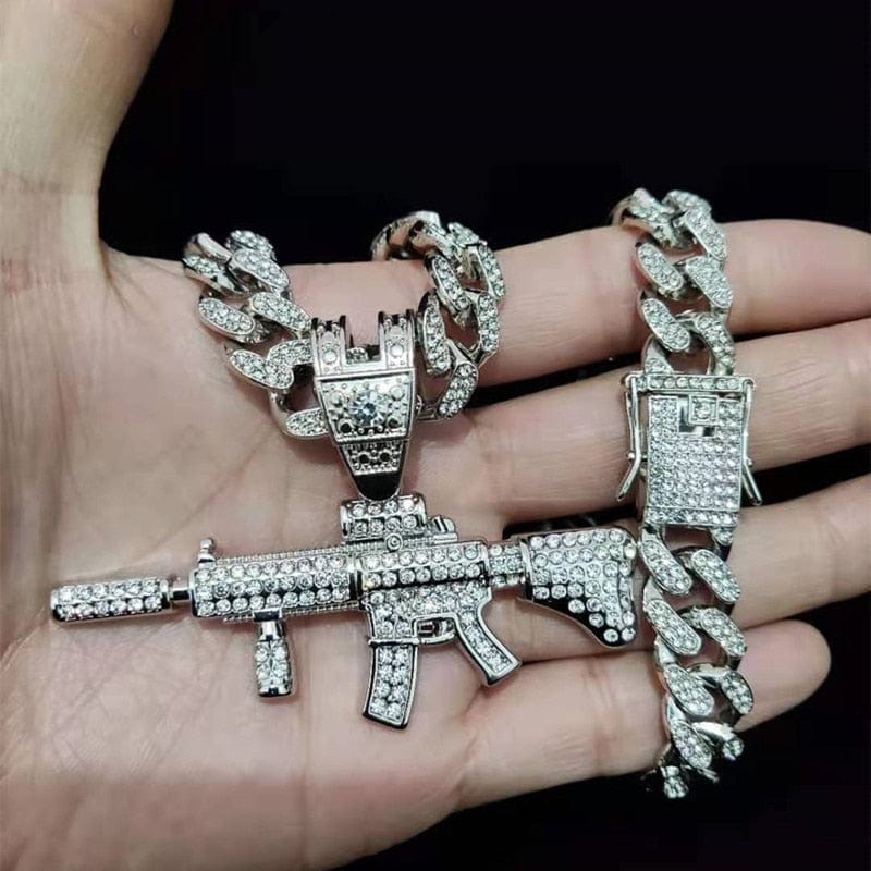 VVS Jewelry hip hop jewelry Fully Iced Submachine Gun Pendant Rapper Necklace