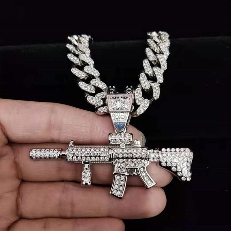 VVS Jewelry hip hop jewelry Fully Iced Submachine Gun Pendant Rapper Necklace