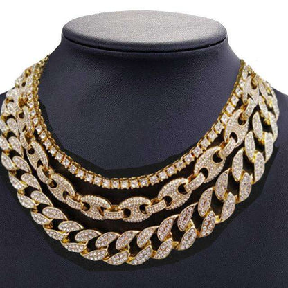 VVS Jewelry hip hop jewelry Gold Bling Cuban Chain + Coffee Bean Chain + Row Tennis Choker Chain Set