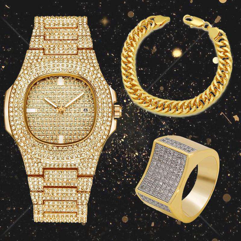 VVS Jewelry hip hop jewelry Gold Cuban Chain Bracelet + Watch + Geometric Ring Set