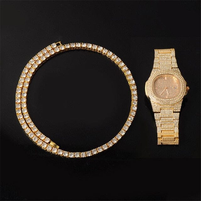 VVS Jewelry hip hop jewelry Gold/Silver 5mm Micro Pave Tennis Chain + Tennis Bracelet + FREE Watch Bundle