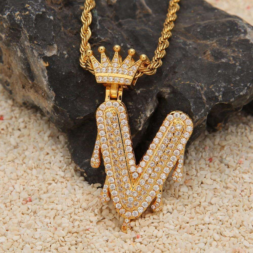 VVS Jewelry hip hop jewelry Gold/Silver Crown Ice Drip Bubble Initial Letter Pendant Necklace