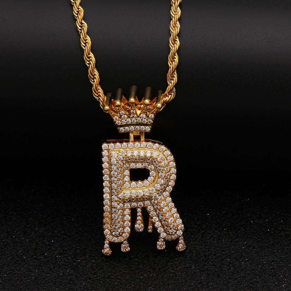 VVS Jewelry hip hop jewelry Gold/Silver Crown Ice Drip Bubble Initial Letter Pendant Necklace