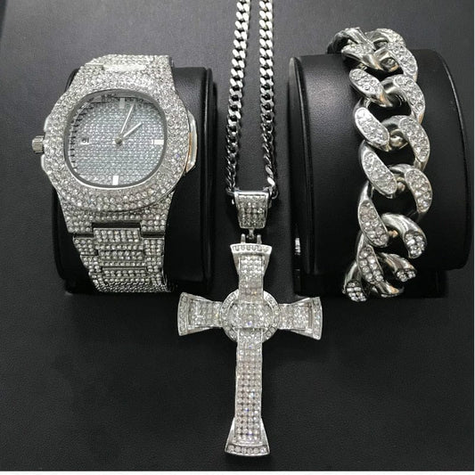 VVS Jewelry hip hop jewelry Gold/Silver Crucifix Necklace + Bracelet + OG Bust Down Watch Set