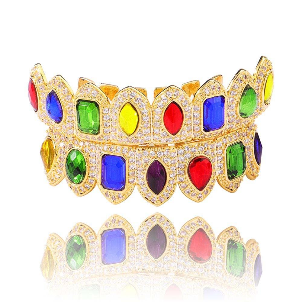 VVS Jewelry hip hop jewelry Gold / United States Multi Colored Stone Paved Iced Out Fangs Grillz