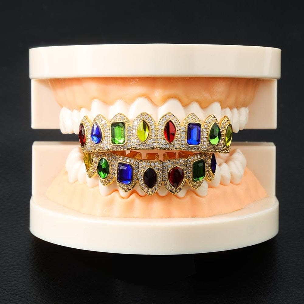 VVS Jewelry hip hop jewelry Multi Colored Stone Paved Iced Out Fangs Grillz