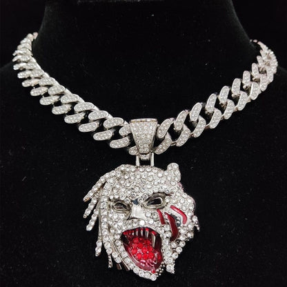 VVS Jewelry hip hop jewelry Silver / 16inch VVS Jewelry Grizzley Half Tee Half Beast Iced out Cuban Pendant Chain