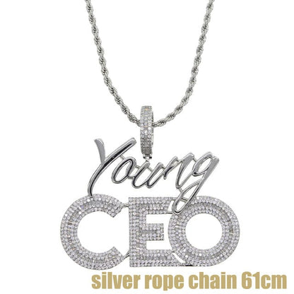 VVS Jewelry hip hop jewelry Silver rope chain 24 Inches Young CEO Two Tone Iced Pendant Necklace