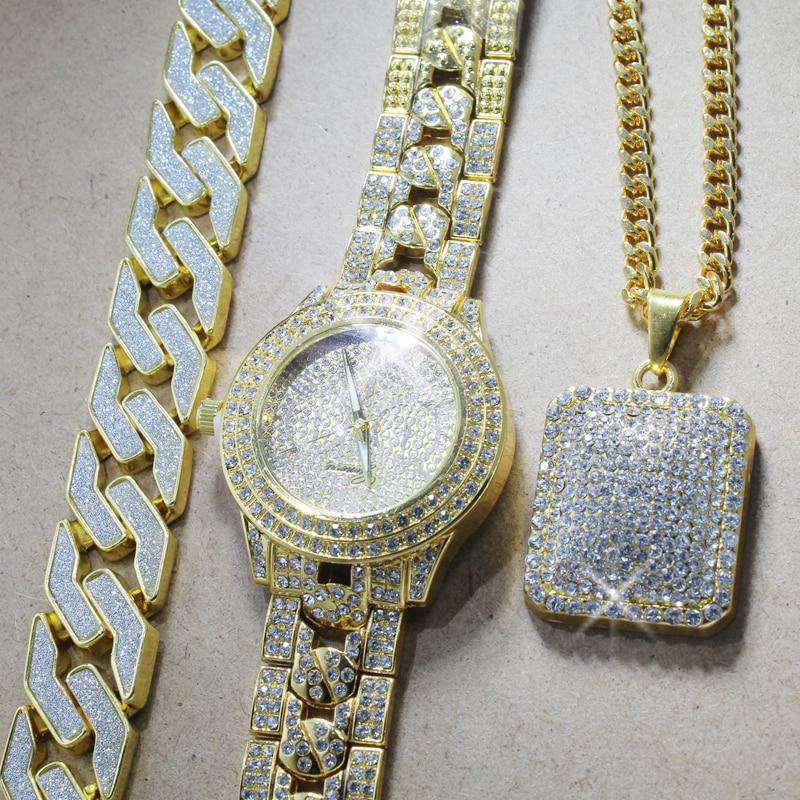 VVS Jewelry hip hop jewelry Swaggy Ice Out Watch + Necklace + Bracelet Bundle