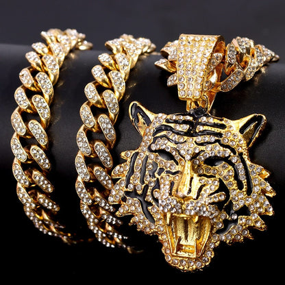 VVS Jewelry hip hop jewelry Tiger Iced Out Cuban Chain / Silver / 16inch Bling Tiger Pendant Cuban Chain Necklace