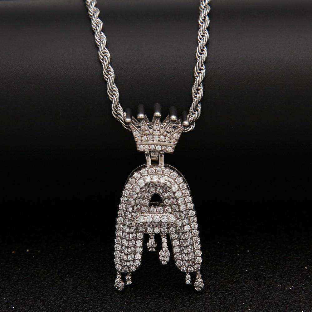 VVS Jewelry hip hop jewelry V / Silver / 20inch Rope chain Gold/Silver Crown Ice Drip Bubble Initial Letter Pendant Necklace