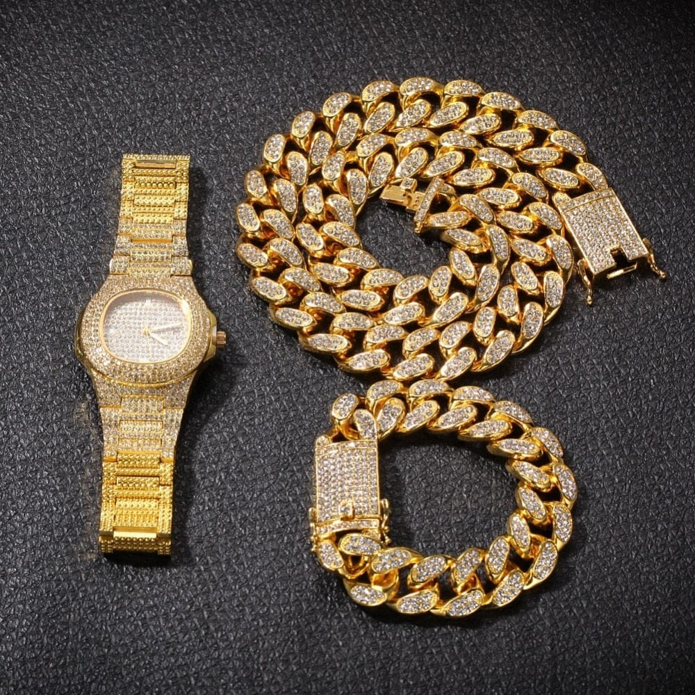 VVS Jewelry hip hop jewelry VVS Jewelry Cuban Chain & Cuban Bracelet Bundle + Free OG Bust Down Watch