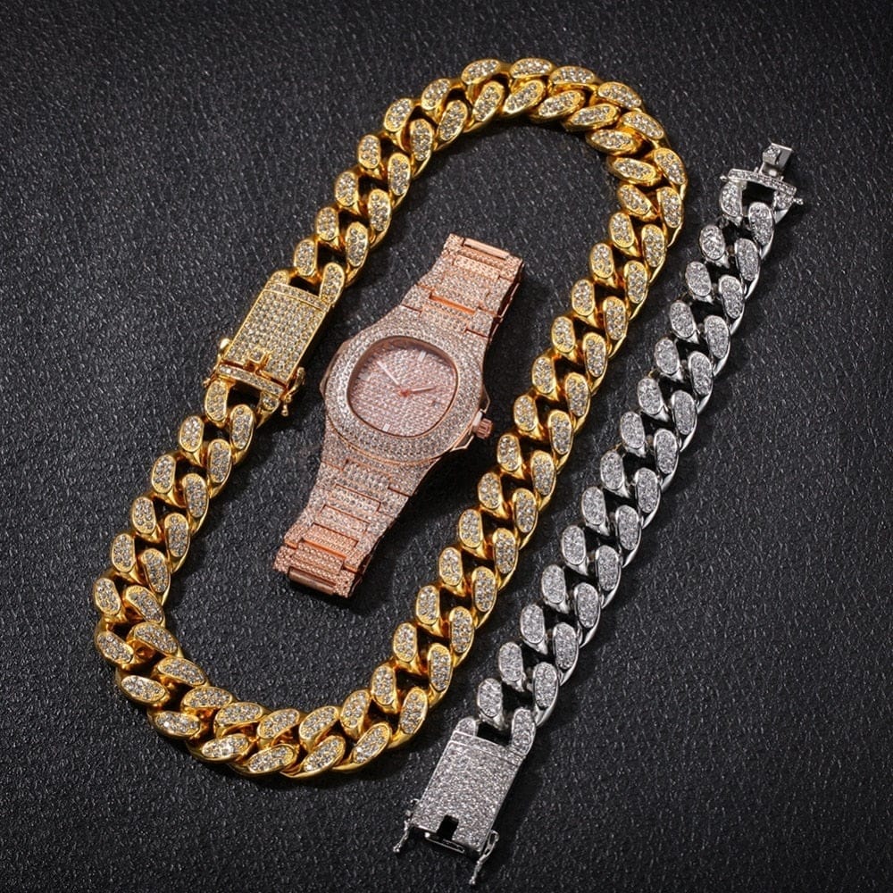 VVS Jewelry hip hop jewelry VVS Jewelry Cuban Chain & Cuban Bracelet Bundle + Free OG Bust Down Watch