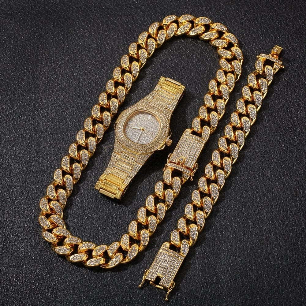 VVS Jewelry hip hop jewelry VVS Jewelry Cuban Chain & Cuban Bracelet Bundle + Free OG Bust Down Watch