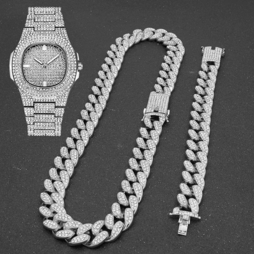 VVS Jewelry hip hop jewelry VVS Jewelry Cuban Chain & Cuban Bracelet Bundle + Free OG Bust Down Watch