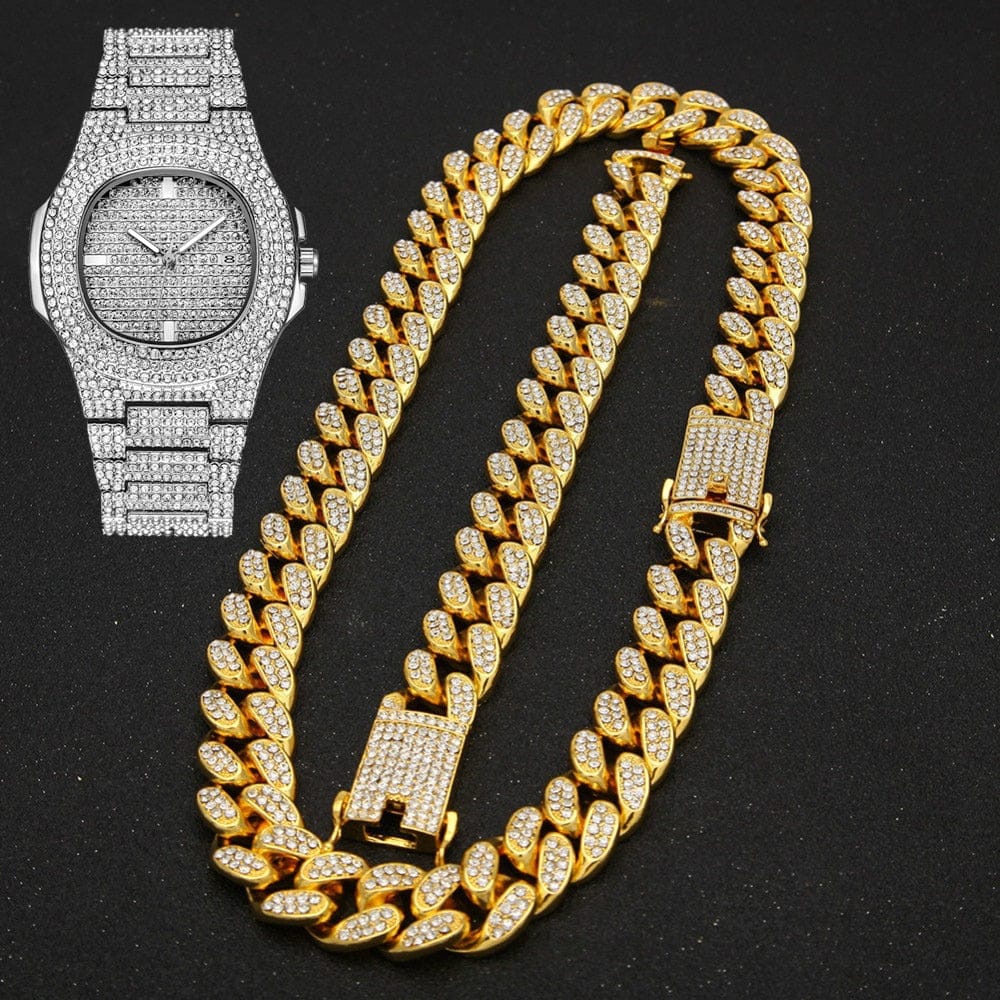 VVS Jewelry hip hop jewelry VVS Jewelry Cuban Chain & Cuban Bracelet Bundle + Free OG Bust Down Watch