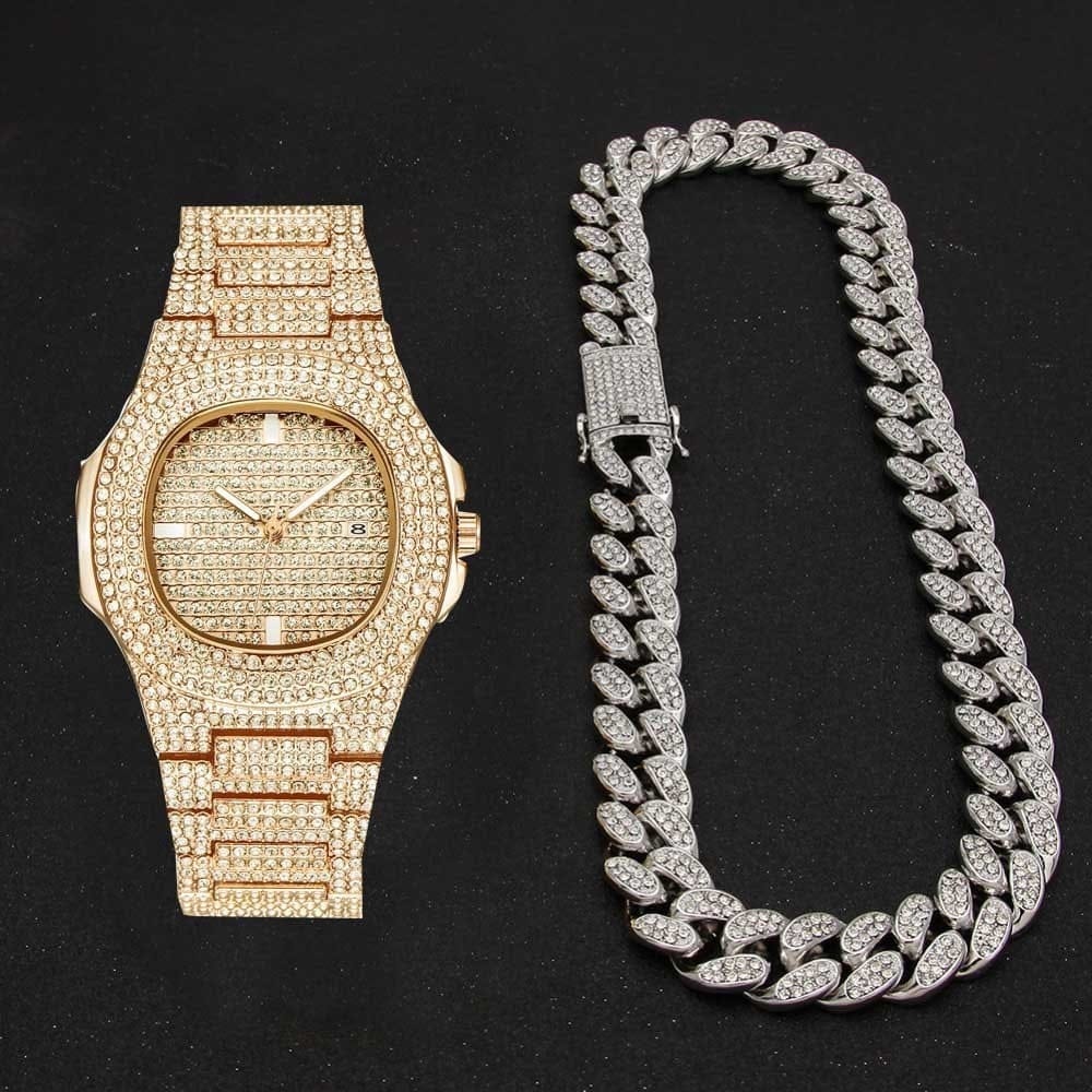 VVS Jewelry hip hop jewelry VVS Jewelry Cuban Chain & Cuban Bracelet Bundle + Free OG Bust Down Watch