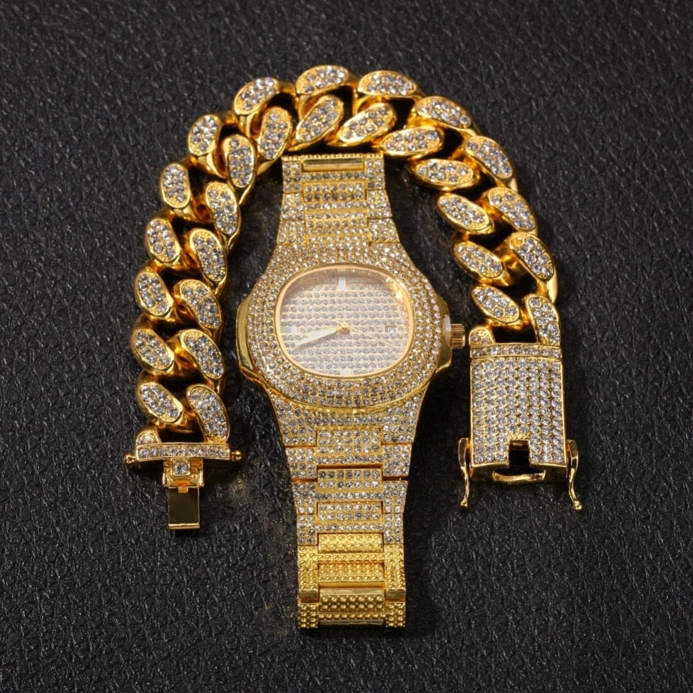 VVS Jewelry hip hop jewelry VVS Jewelry Cuban Chain & Cuban Bracelet Bundle + Free OG Bust Down Watch