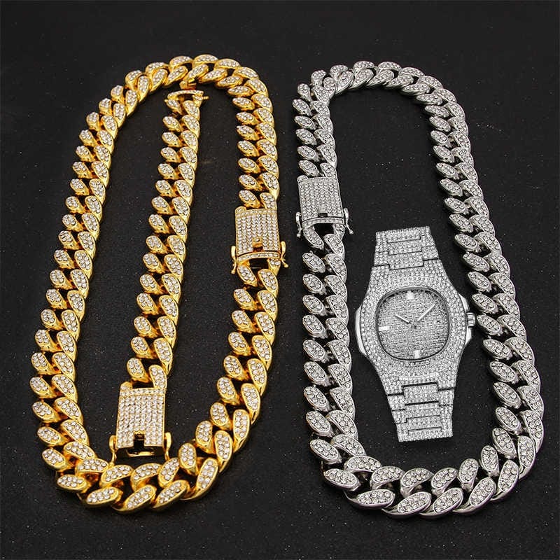 VVS Jewelry hip hop jewelry VVS Jewelry Cuban Chain & Cuban Bracelet Bundle + Free OG Bust Down Watch