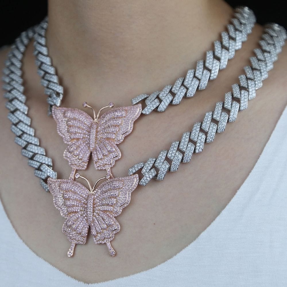 VVS Jewelry hip hop jewelry VVS Jewelry Pink Silver Butterfly Miami Cuban Choker