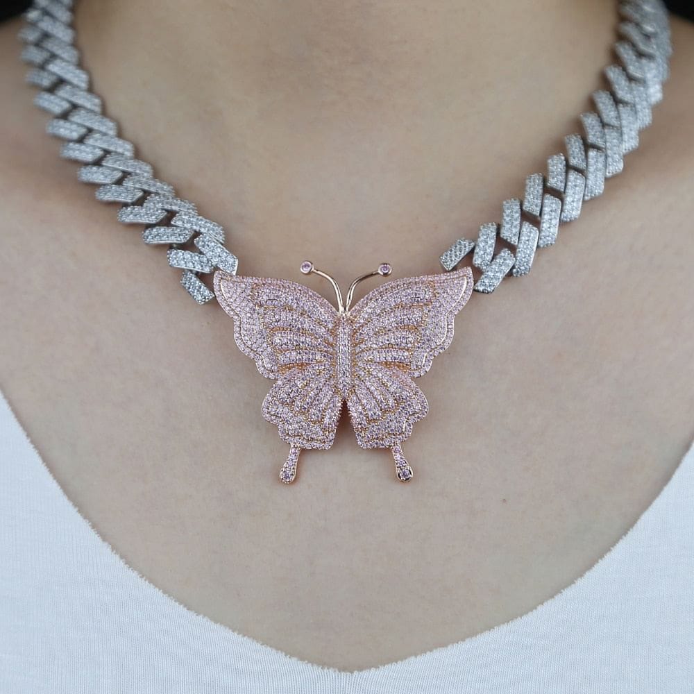 VVS Jewelry hip hop jewelry VVS Jewelry Pink Silver Butterfly Miami Cuban Choker