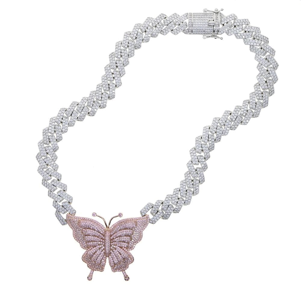 VVS Jewelry hip hop jewelry VVS Jewelry Pink Silver Butterfly Miami Cuban Choker