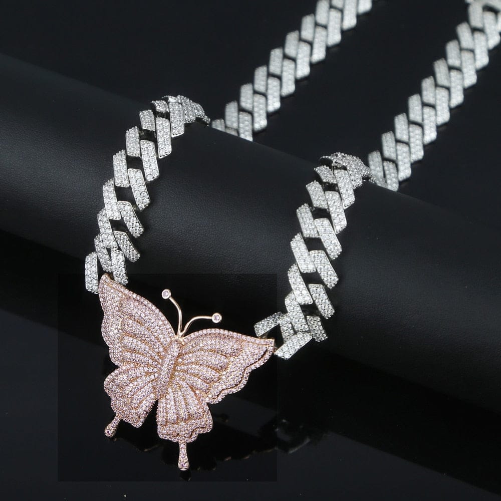 VVS Jewelry hip hop jewelry VVS Jewelry Pink Silver Butterfly Miami Cuban Choker