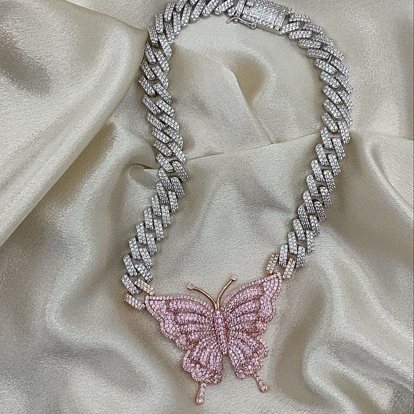 VVS Jewelry hip hop jewelry VVS Jewelry Pink Silver Butterfly Miami Cuban Choker